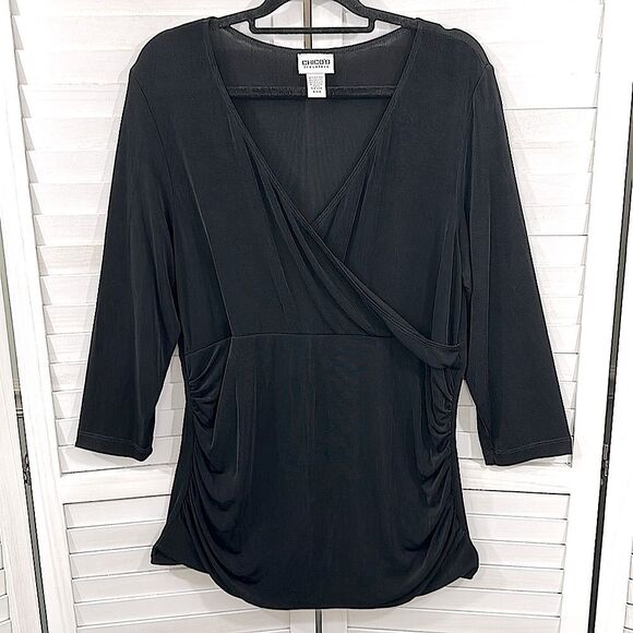 Chico’s Travelers Tunic Top Size 3 XL Size 16 Black Faux Wrap - Picture 2 of 14